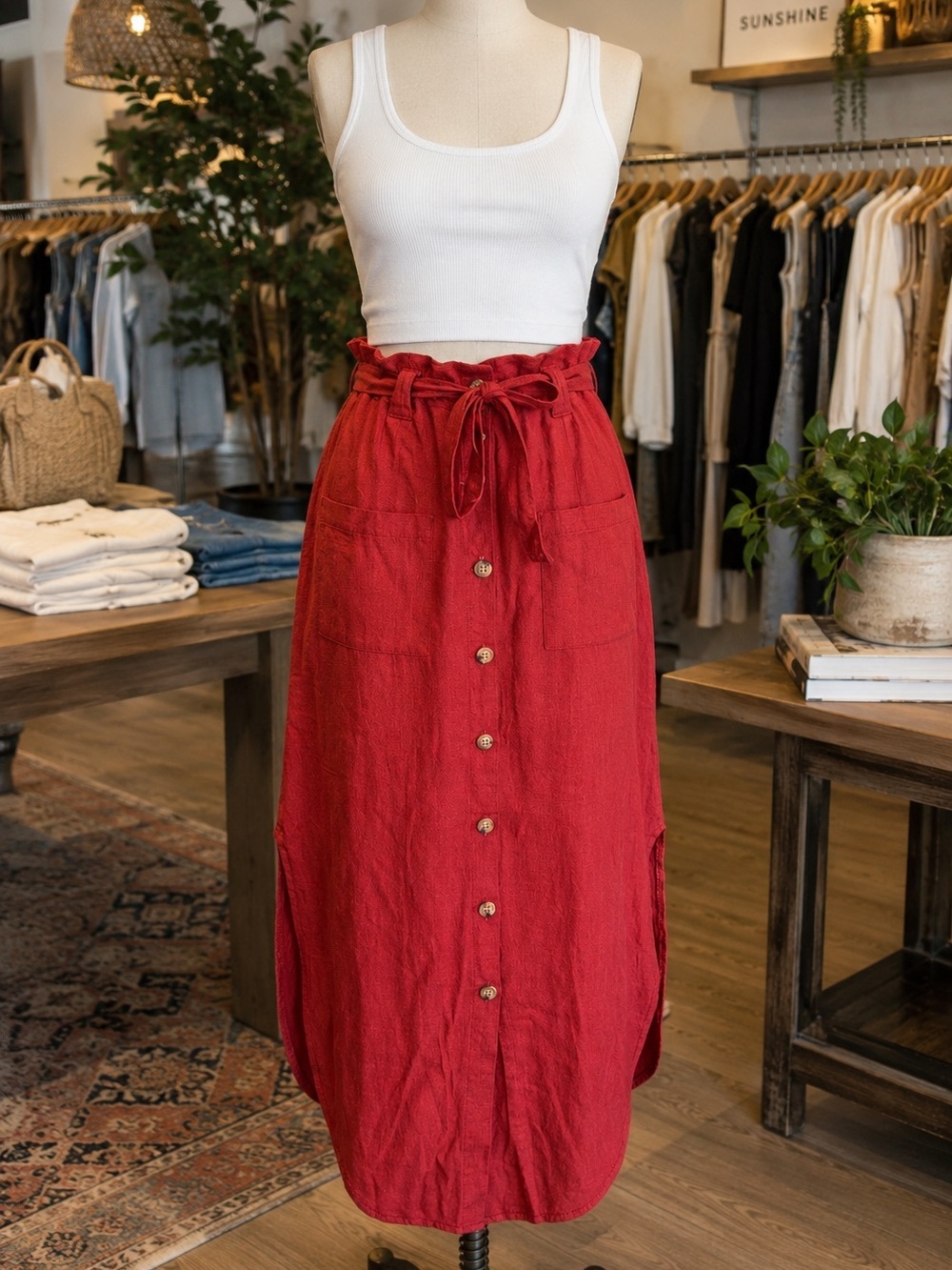 Hayden Los Angeles Linen Blend Button Front Tie Waist Midi Skirt Red Size Small